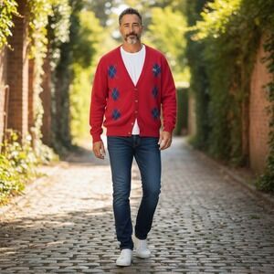 Izod Club Mens Red Argyle Golf Cardigan Sweater Crocodile Hand Intarsia Sz Large